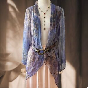 Silk flowy whimsigoth hippie festival tie dye bell sleeve top jacket blouse